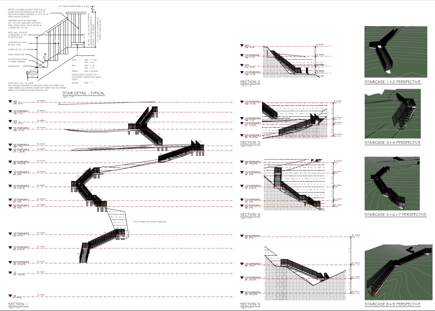 Architectural and engineering drawing of complex hillside staircase with elevation plans and terrain adjustments — designed for safety and durability by WhalleyWorks.