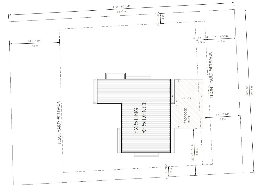 Site plan showing proposed deck and setback measurements for building permit application — municipal documentation prepared by WhalleyWorks.