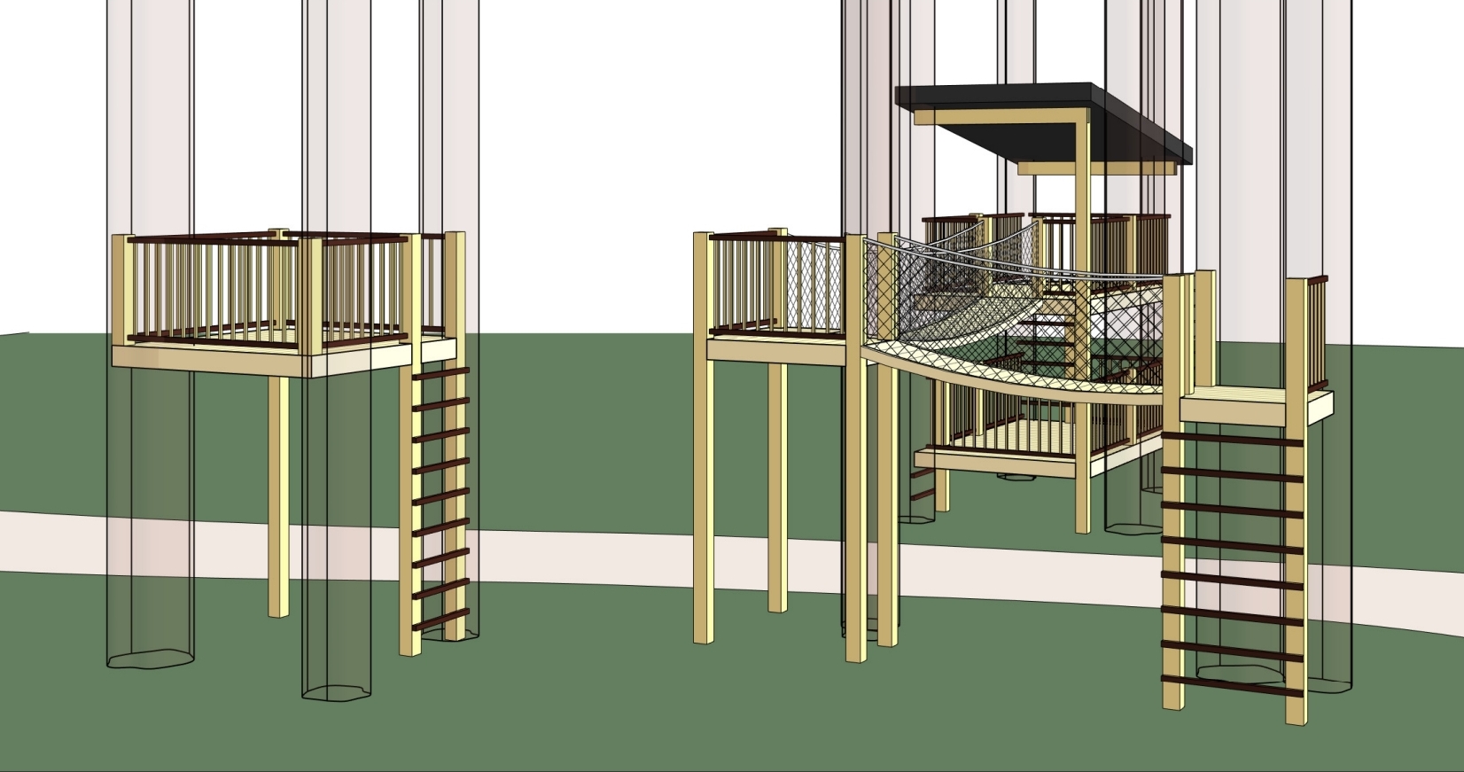 3D rendering of custom treehouse platforms connected by rope bridges and ladders, built around tree trunks for elevated outdoor play — design and construction by WhalleyWorks.